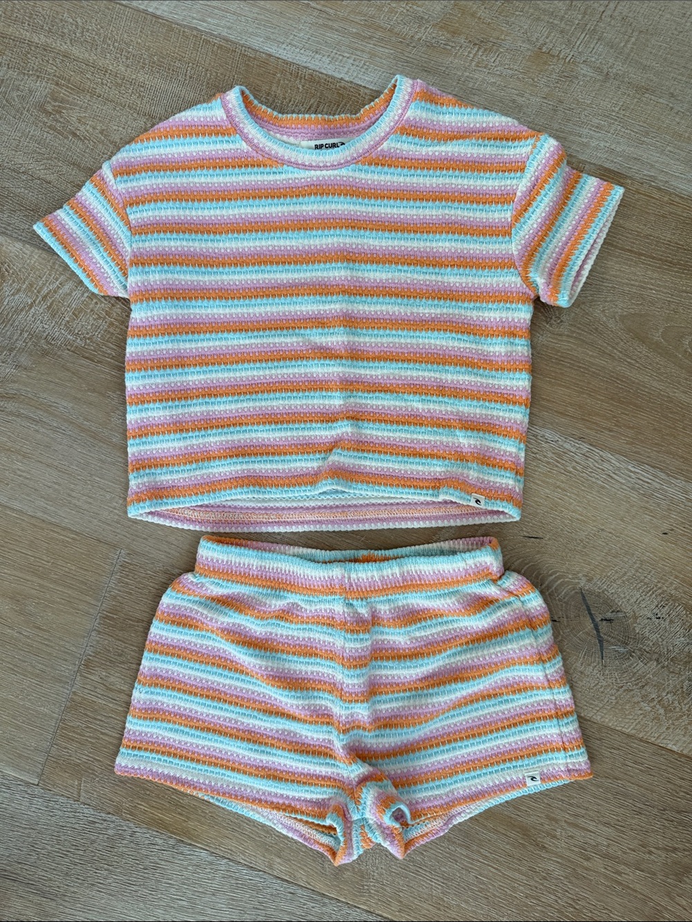 Rip Curl Pastel Striped Knit Pajama Set in Pink, Orange, Mint & White
